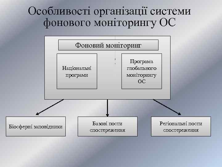 Особливості організації системи фонового моніторингу ОС Фоновий моніторинг Національні програми Біосферні заповідники Рис. 5.