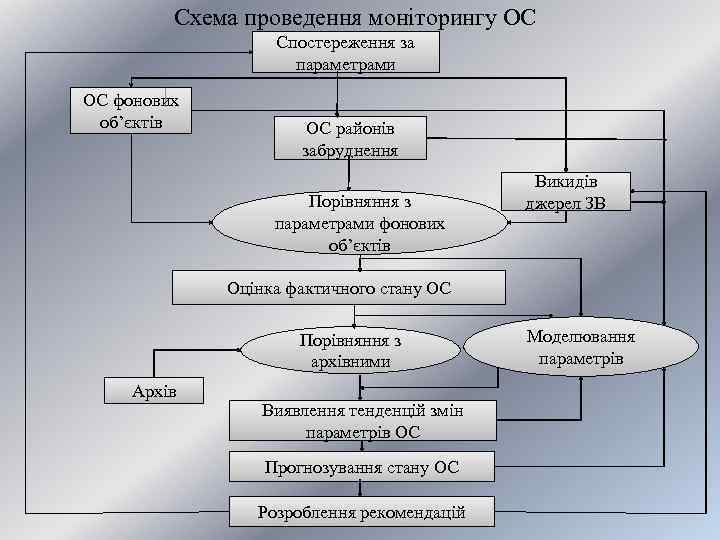 Схема проведення моніторингу ОС Спостереження за параметрами ОС фонових об’єктів ОС районів забруднення Порівняння