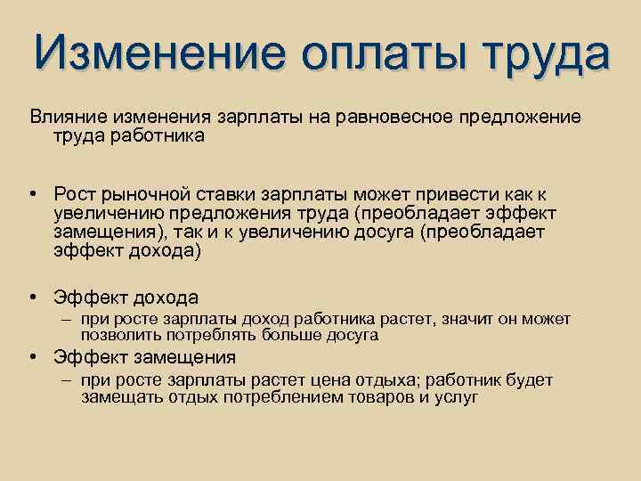 Изменение оплаты труда Влияние изменения зарплаты на равновесное предложение труда работника • Рост рыночной