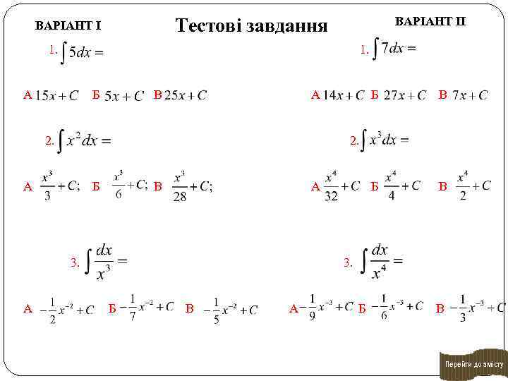 ВАРІАНТ ІІ Тестові завдання ВАРІАНТ І 1. А Б В А 2. В Б