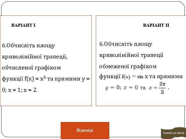 ВАРІАНТ ІІ 6. Обчисліть площу криволінійної трапеції, криволінійної трапеції обчисленої графіком обмеженої графіком функції