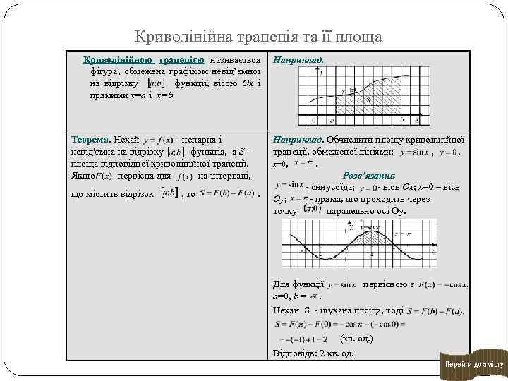 Криволінійна трапеція та її площа Криволінійною трапецією називається фігура, обмежена графіком невід’ємної на відрізку