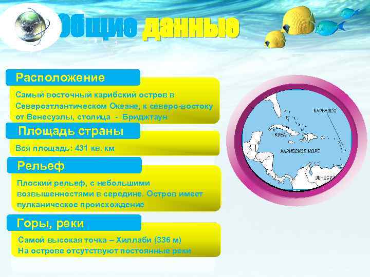 Общие данные Расположение Самый восточный карибский остров в Североатлантическом Океане, к северо-востоку от Венесуэлы,