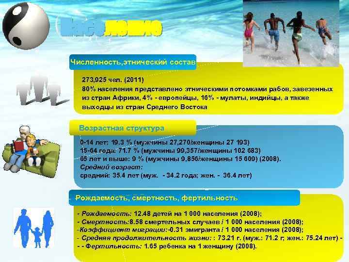 Население Численность, этнический состав 273, 925 чел. (2011) 80% населения представлено этническими потомками рабов,