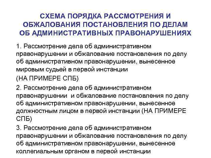 СХЕМА ПОРЯДКА РАССМОТРЕНИЯ И ОБЖАЛОВАНИЯ ПОСТАНОВЛЕНИЯ ПО ДЕЛАМ ОБ АДМИНИСТРАТИВНЫХ ПРАВОНАРУШЕНИЯХ 1. Рассмотрение дела