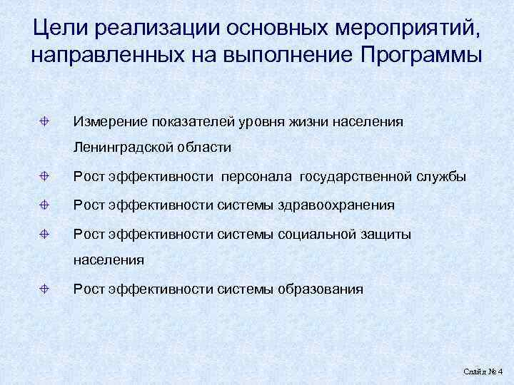 Цели реализации основных мероприятий, направленных на выполнение Программы Измерение показателей уровня жизни населения Ленинградской