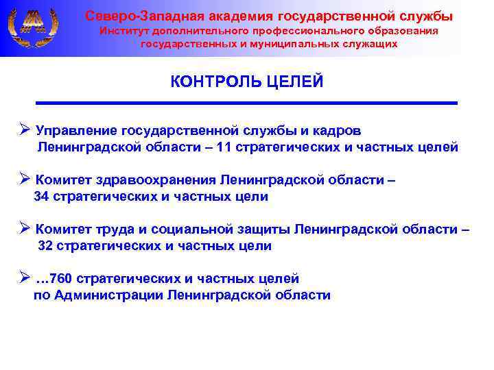 Северо-Западная академия государственной службы Институт дополнительного профессионального образования государственных и муниципальных служащих КОНТРОЛЬ ЦЕЛЕЙ