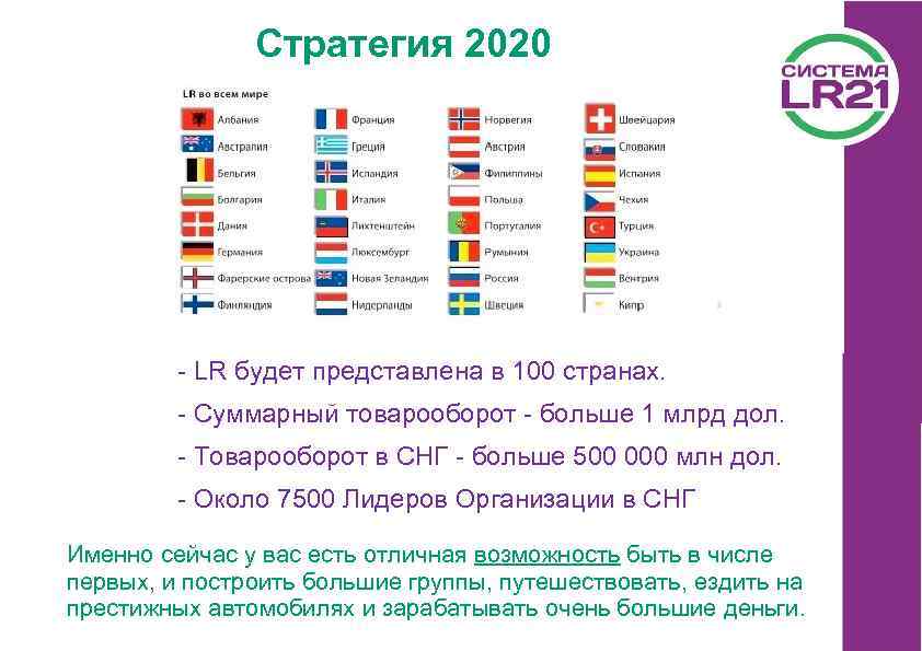 Стратегия 2020 - LR будет представлена в 100 странах. - Суммарный товарооборот - больше