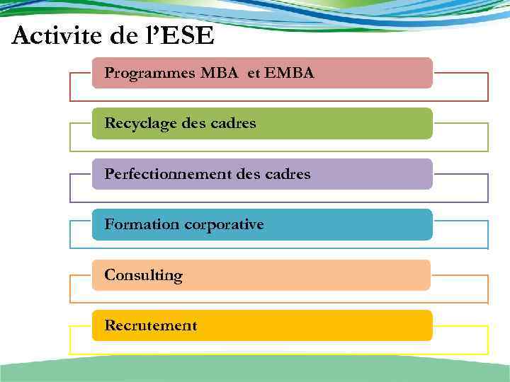 Activite de l’ESE Programmes МВА et EMBA Recyclage des cadres Perfectionnement des cadres Formation