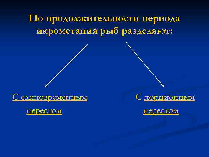 По продолжительности периода икрометания рыб разделяют: С единовременным нерестом С порционным нерестом 