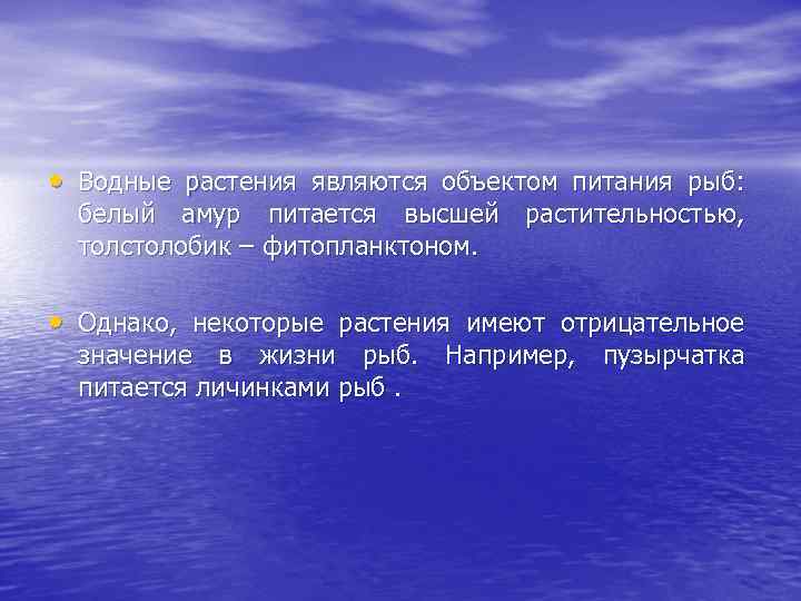  • Водные растения являются объектом питания рыб: белый амур питается высшей растительностью, толстолобик