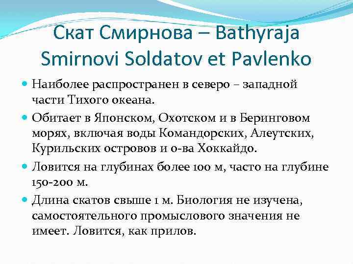 Скат Смирнова – Bathyraja Smirnovi Soldatov et Pavlenko Наиболее распространен в северо – западной