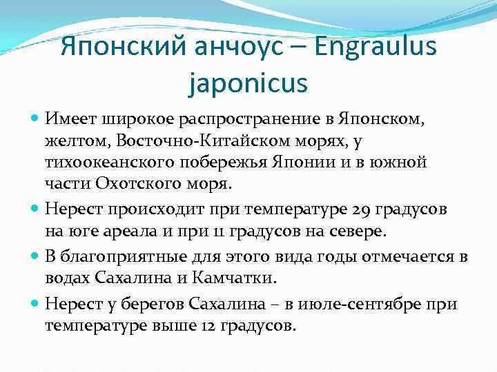 Японский анчоус – Engraulus japonicus Имеет широкое распространение в Японском, желтом, Восточно-Китайском морях, у