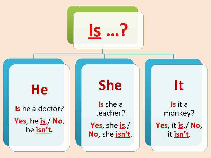 Is …? He Is he a doctor? Yes, he is. / No, he isn’t.