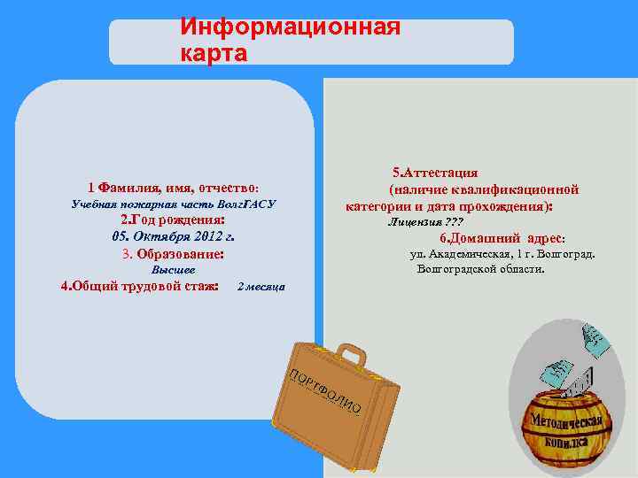 Информационная карта 5. Аттестация (наличие квалификационной категории и дата прохождения): 1. Фамилия, имя, отчество: