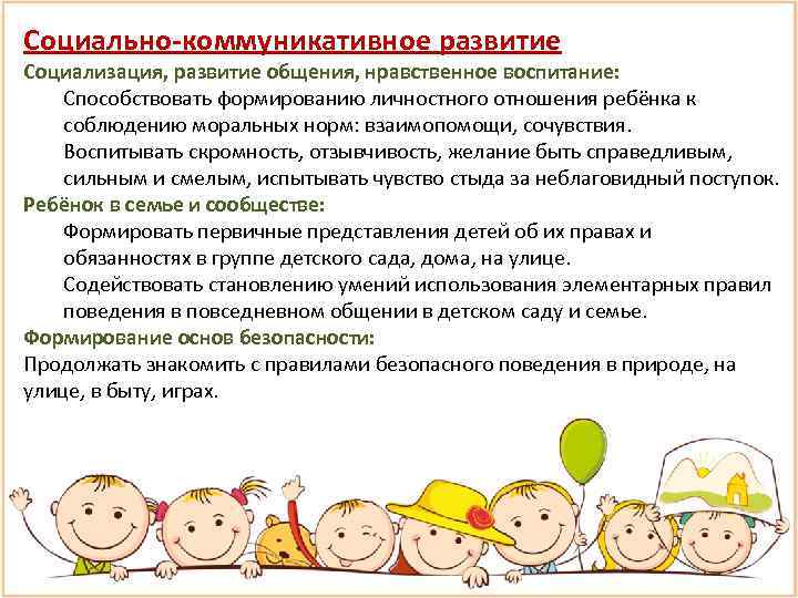 Социально-коммуникативное развитие Социализация, развитие общения, нравственное воспитание: Способствовать формированию личностного отношения ребёнка к соблюдению