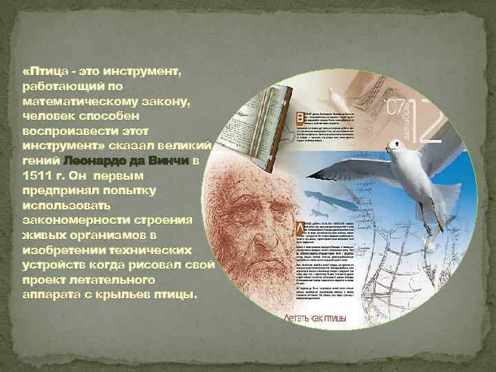  «Птица - это инструмент, работающий по математическому закону, человек способен воспроизвести этот инструмент»