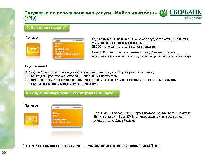 Подсказки по использованию услуги «Мобильный банк» (7/10) 7. Погашение кредита* Пример: Где 1234567890 –