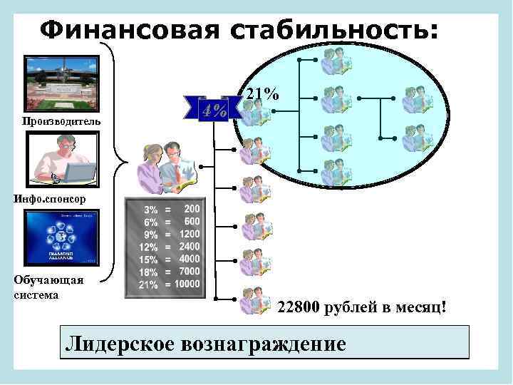 Финансовая стабильность: 4% Производитель Инфо. спонсор Обучающая система 21% Вы: 21% 22800 рублей в
