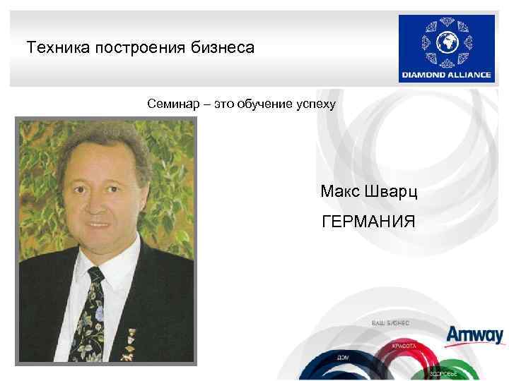 Техника построения бизнеса Семинар – это обучение успеху Макс Шварц ГЕРМАНИЯ 