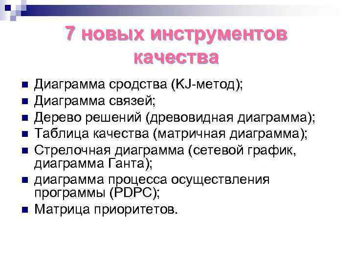 7 новых инструментов качества n n n n Диаграмма сродства (KJ-метод); Диаграмма связей; Дерево