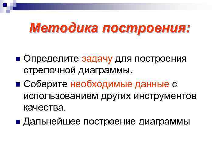 Методика построения: Определите задачу для построения стрелочной диаграммы. n Соберите необходимые данные с использованием