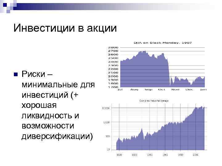 Инвестиции в акции n Риски – минимальные для инвестиций (+ хорошая ликвидность и возможности