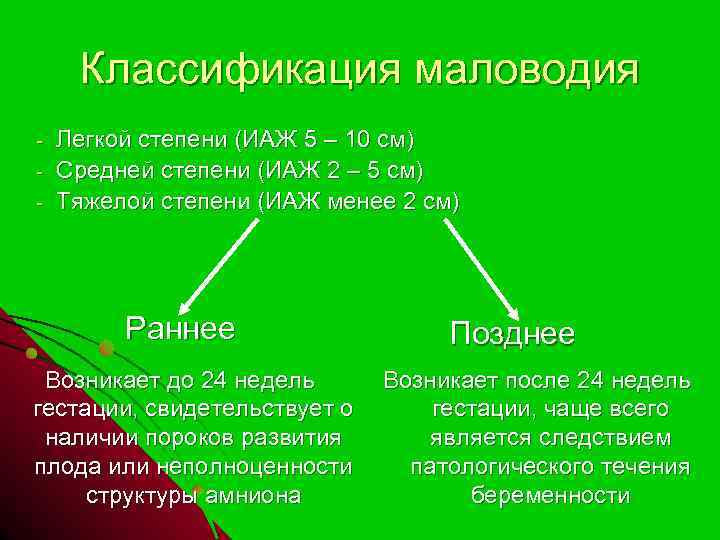 Классификация маловодия - Легкой степени (ИАЖ 5 – 10 см) Средней степени (ИАЖ 2