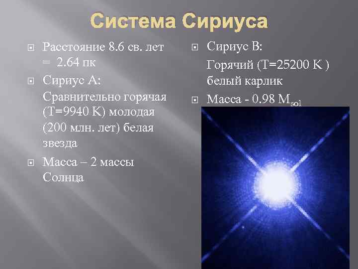 Система Сириуса Расстояние 8. 6 св. лет = 2. 64 пк Сириус A: Сравнительно