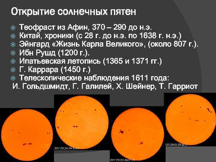 Открытие солнечных пятен Теофраст из Афин, 370 – 290 до н. э. Китай, хроники