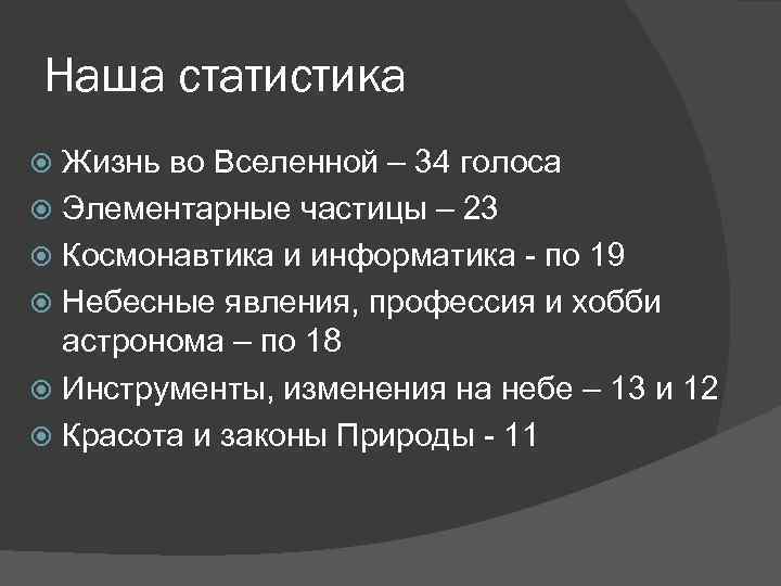 Наша статистика Жизнь во Вселенной – 34 голоса Элементарные частицы – 23 Космонавтика и