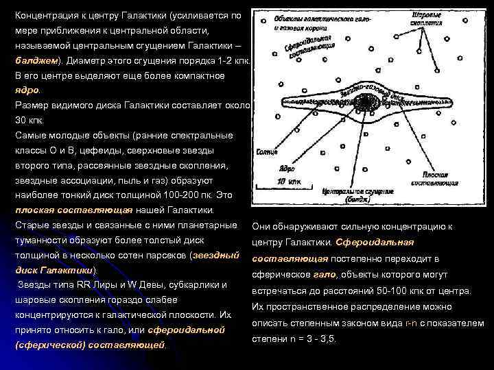 Концентрация к центру Галактики (усиливается по мере приближения к центральной области, называемой центральным сгущением