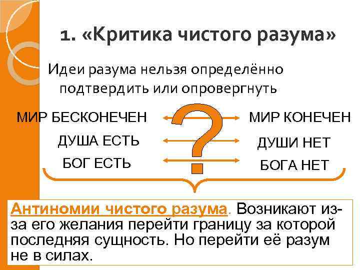 1. «Критика чистого разума» Идеи разума нельзя определённо подтвердить или опровергнуть МИР БЕСКОНЕЧЕН МИР