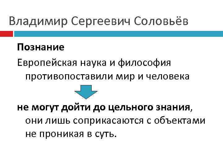 Владимир Сергеевич Соловьёв Познание Европейская наука и философия противопоставили мир и человека не могут