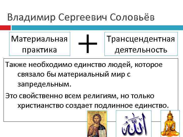 Владимир Сергеевич Соловьёв Материальная практика Трансцендентная деятельность Также необходимо единство людей, которое связало бы