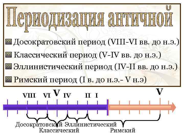 Досократовский период (VIII-VI вв. до н. э. ) Классический период (V-IV вв. до н.