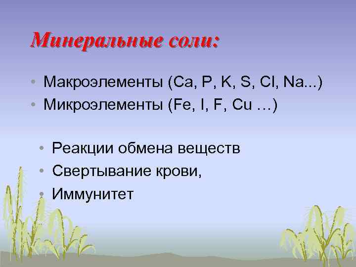 Минеральные соли: • Макроэлементы (Ca, P, K, S, Cl, Na. . . ) •