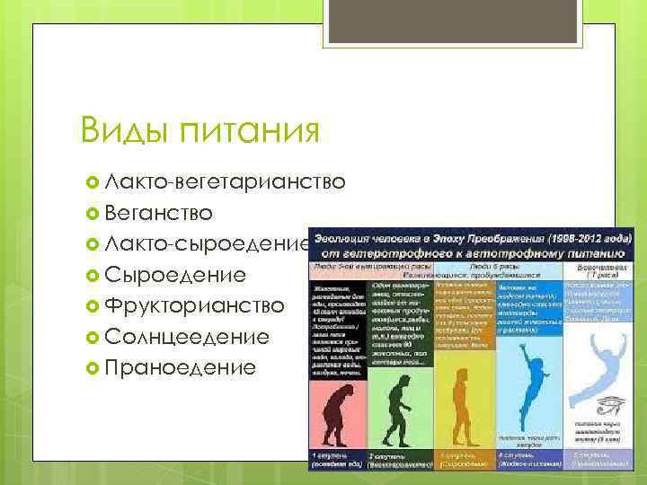 Виды питания Лакто-вегетарианство Веганство Лакто-сыроедение Сыроедение Фрукторианство Солнцеедение Праноедение 