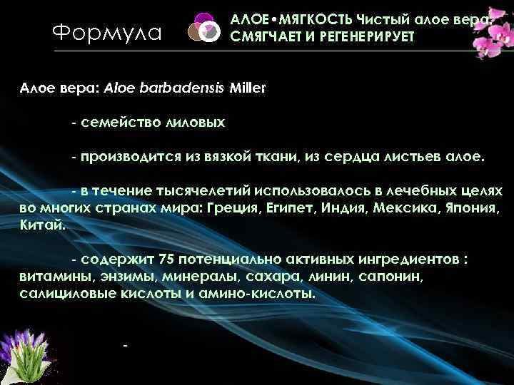 Формула AЛОЕ • МЯГКОСТЬ Чистый алое вера: СМЯГЧАЕТ И РЕГЕНЕРИРУЕТ Алое вера: Aloe barbadensis