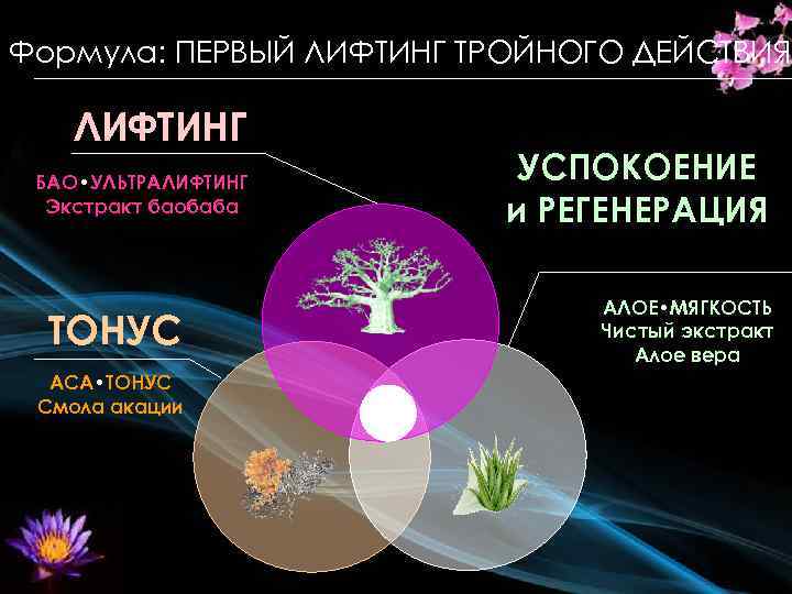 Формула: ПЕРВЫЙ ЛИФТИНГ ТРОЙНОГО ДЕЙСТВИЯ ЛИФТИНГ БAO • УЛЬТРАЛИФТИНГ Экстракт баобаба TOНУС ACA •