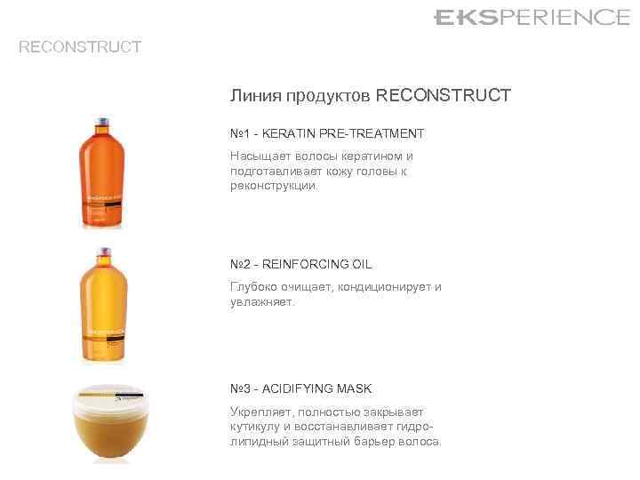 RECONSTRUCT Линия продуктов RECONSTRUCT № 1 - KERATIN PRE-TREATMENT Насыщает волосы кератином и подготавливает