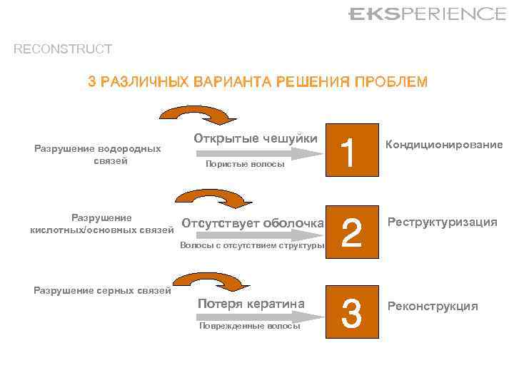 RECONSTRUCT 3 РАЗЛИЧНЫХ ВАРИАНТА РЕШЕНИЯ ПРОБЛЕМ Разрушение водородных связей Разрушение кислотных/основных связей Открытые чешуйки