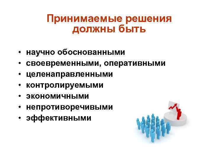 Принимаемые решения должны быть • • научно обоснованными своевременными, оперативными целенаправленными контролируемыми экономичными непротиворечивыми