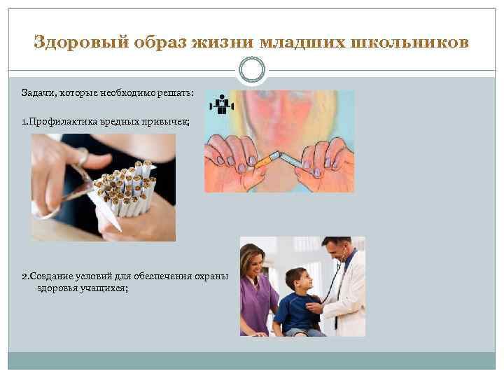 Здоровый образ жизни младших школьников Задачи, которые необходимо решать: 1. Профилактика вредных привычек; 2.