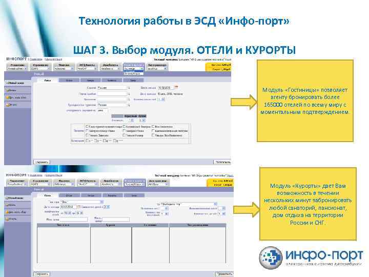 Технология работы в ЭСД «Инфо-порт» ШАГ 3. Выбор модуля. ОТЕЛИ и КУРОРТЫ Модуль «Гостиницы»