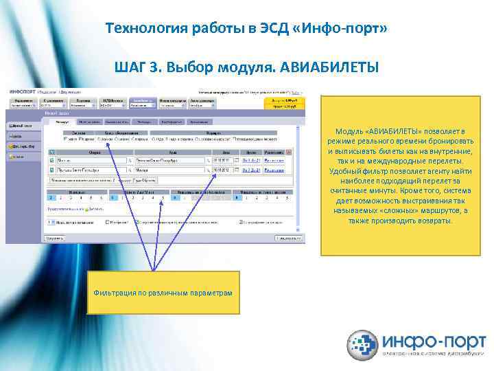 Технология работы в ЭСД «Инфо-порт» ШАГ 3. Выбор модуля. АВИАБИЛЕТЫ Модуль «АВИАБИЛЕТЫ» позволяет в