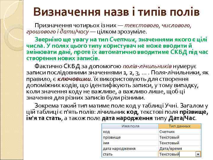 Визначення назв і типів полів Призначення чотирьох із них — текстового, числового, грошового і