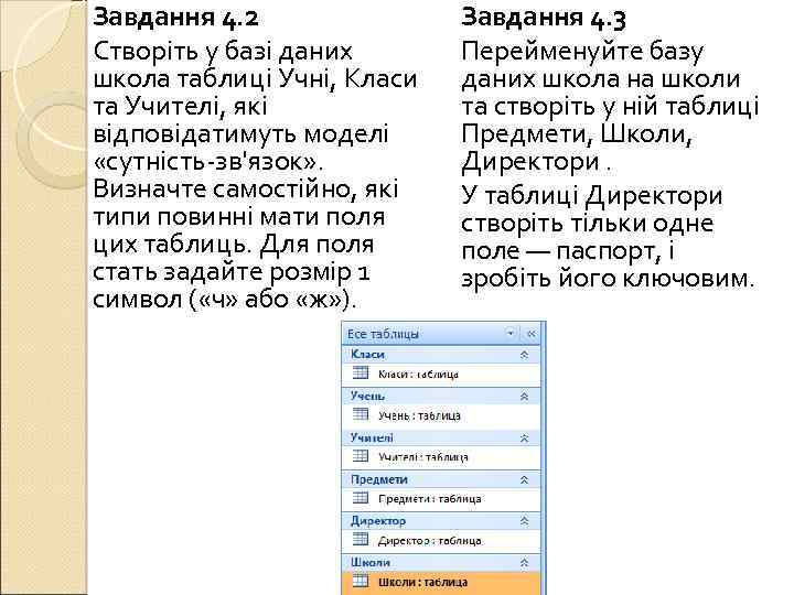 Завдання 4. 2 Створіть у базі даних школа таблиці Учні, Класи та Учителі, які