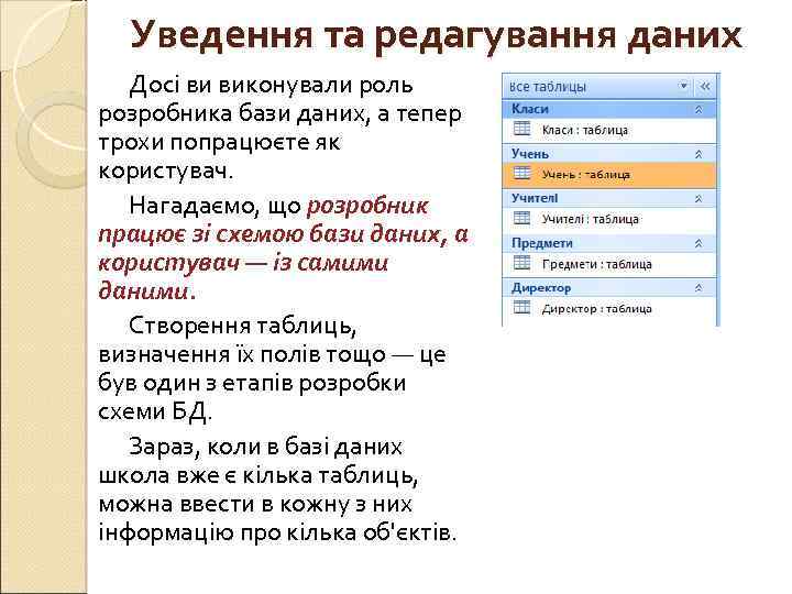 Уведення та редагування даних Досі ви виконували роль розробника бази даних, а тепер трохи