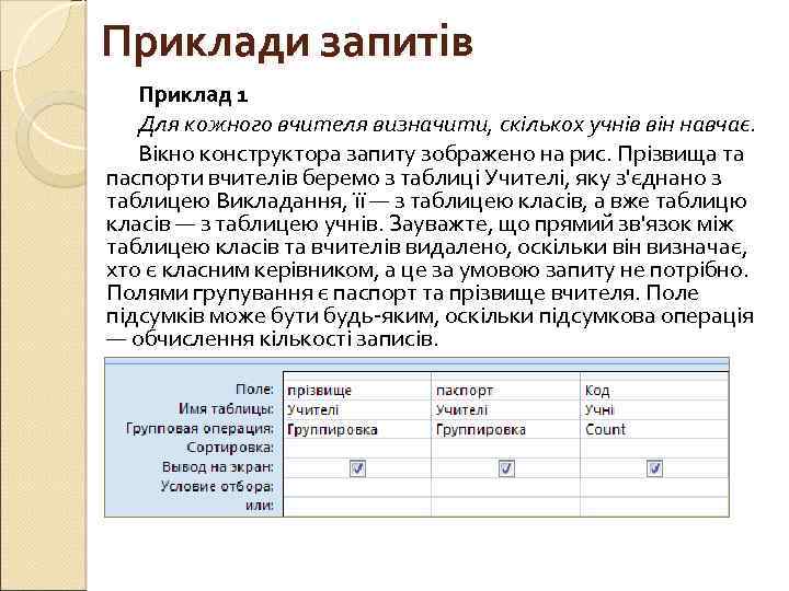 Приклади запитів Приклад 1 Для кожного вчителя визначити, скількох учнів він навчає. Вікно конструктора